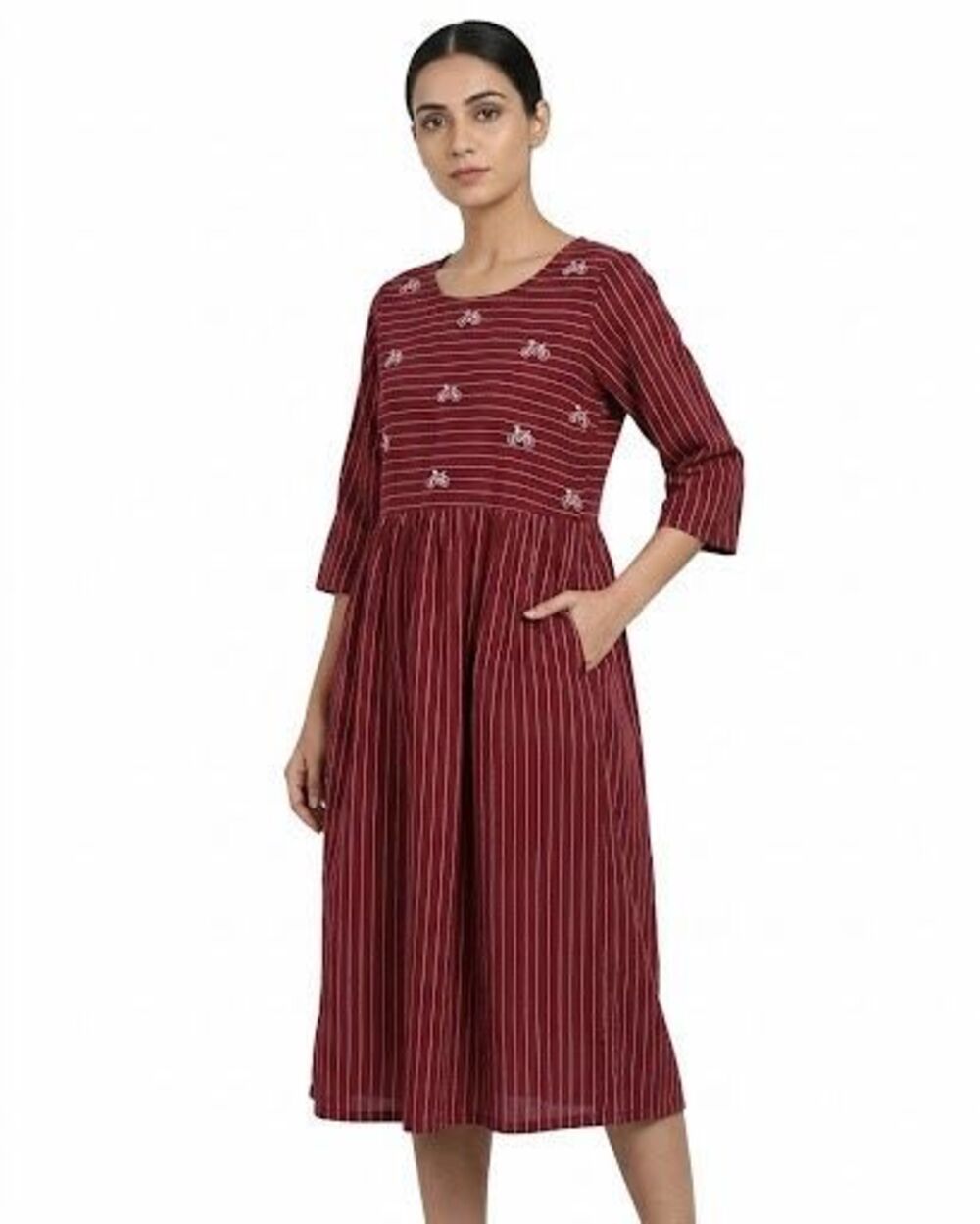 Vishudh Maroon Pinstripe Cotton Dress w/ Bicycle Embroidery - XL - Pockets